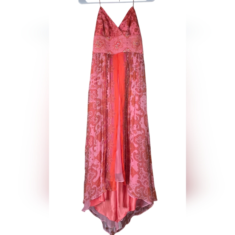 Vintage Laundry by Shelli Segal beaded orange and pink silk halter dress 90s Y2k